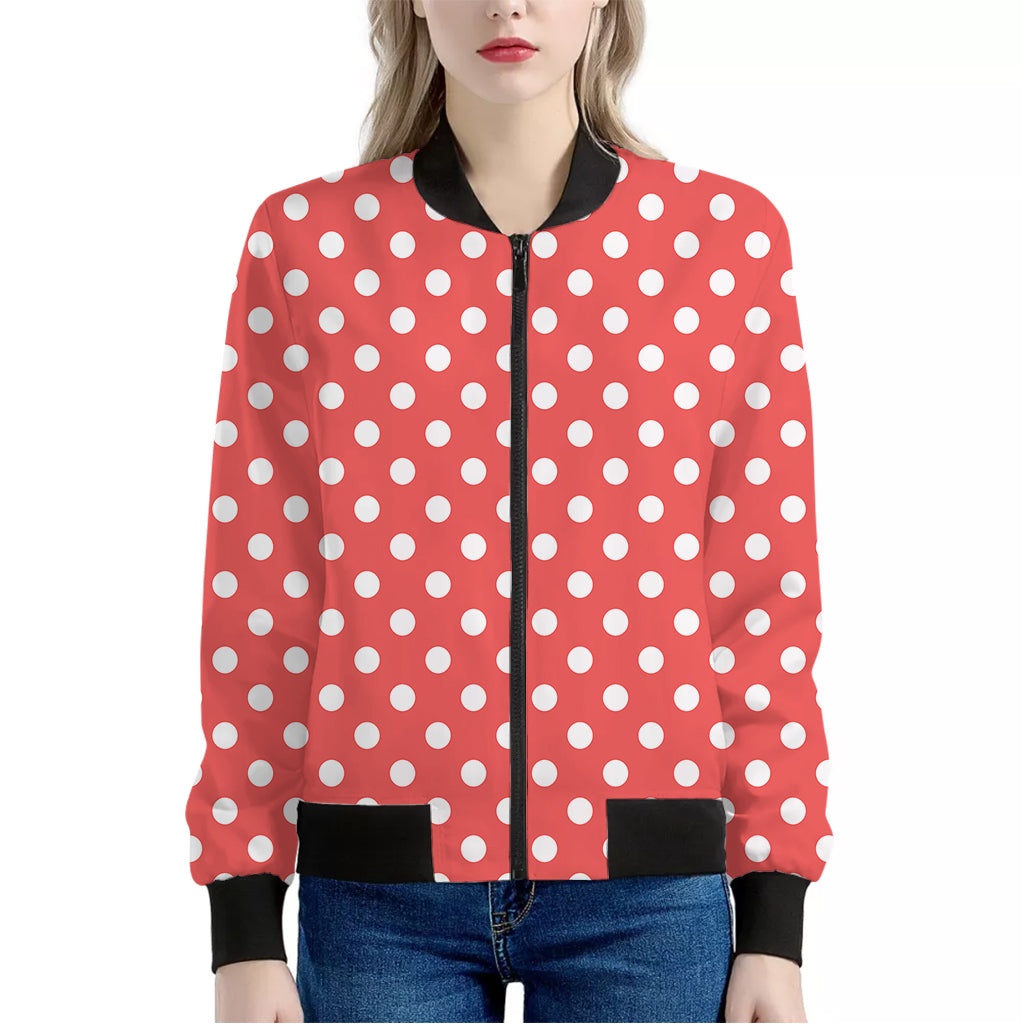 Pastel Red And White Polka Dot Print Women's Bomber Jacket