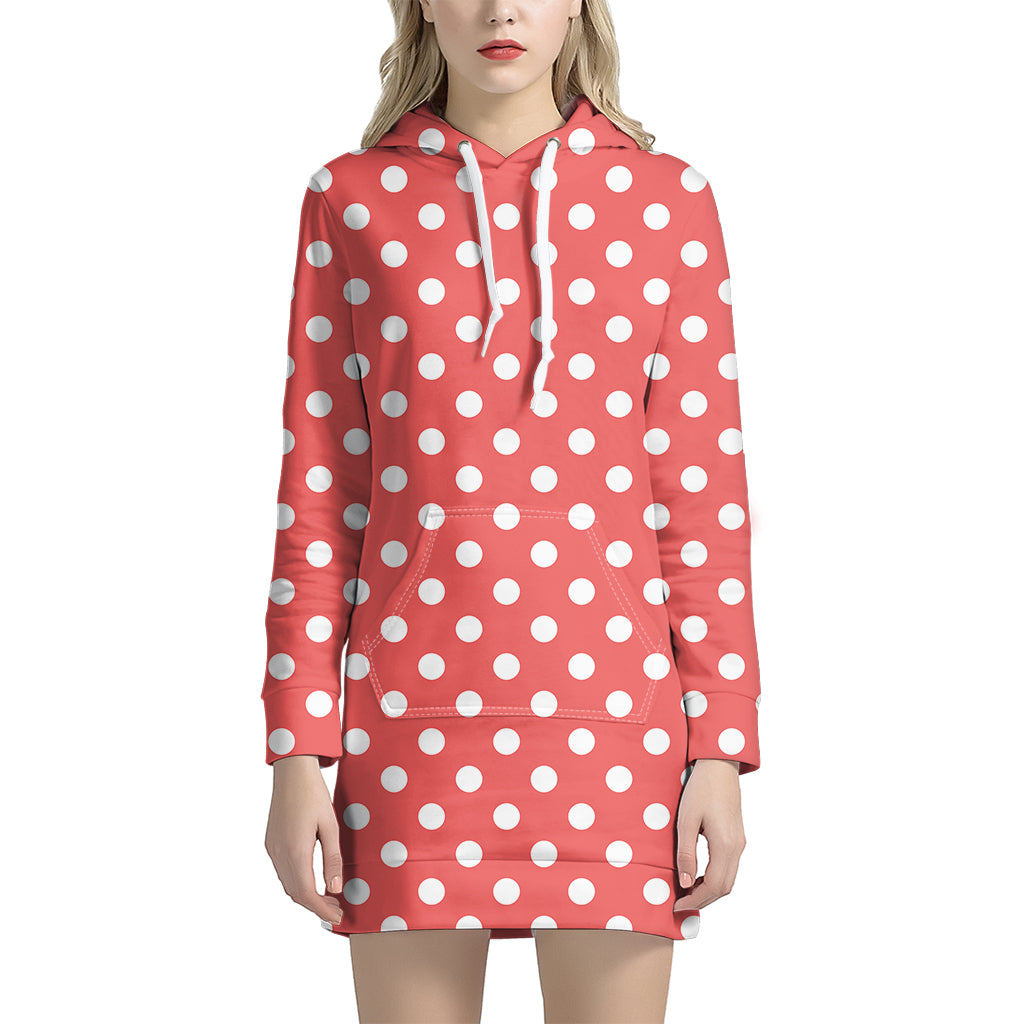 Pastel Red And White Polka Dot Print Women's Pullover Hoodie Dress