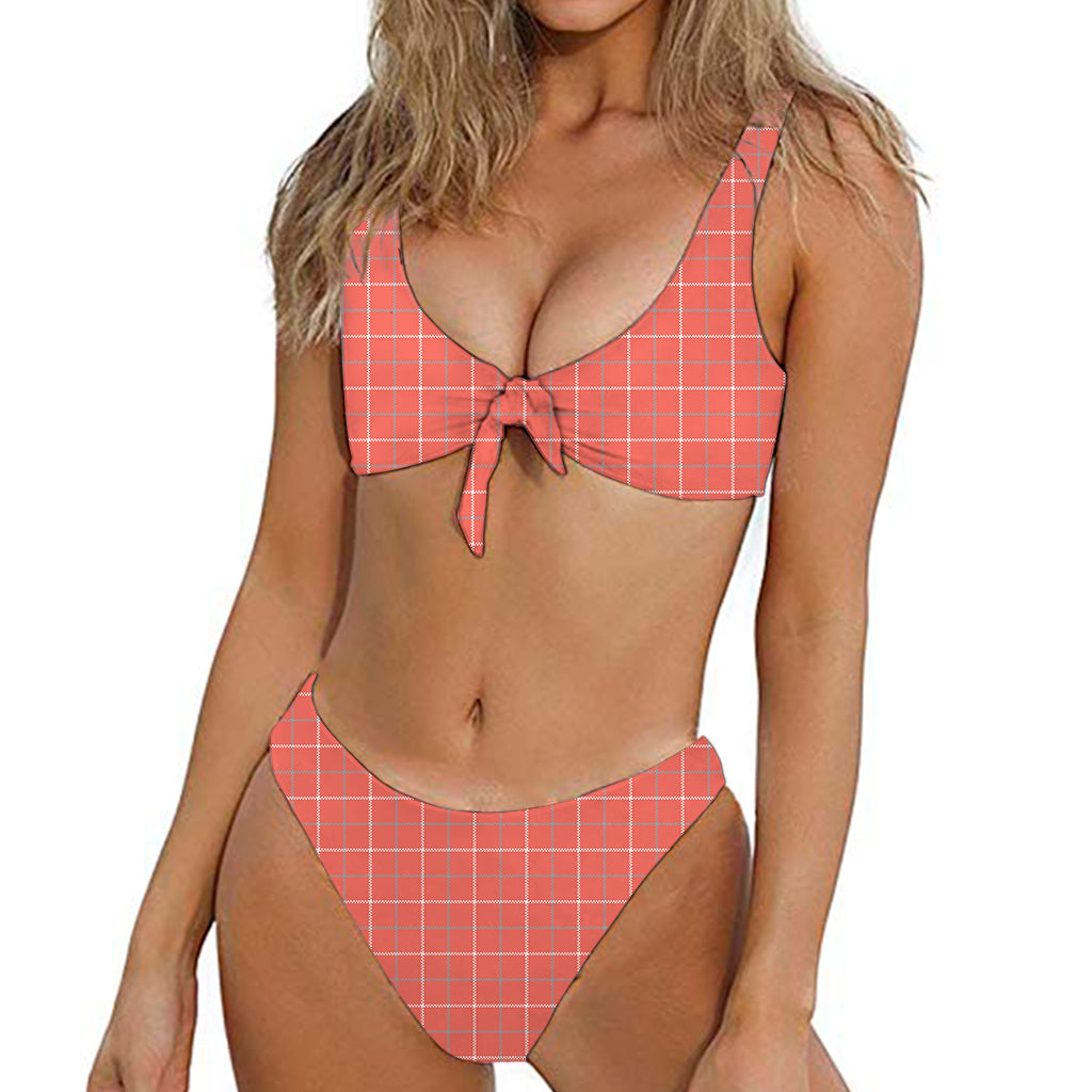 Pastel Red Tattersall Pattern Print Front Bow Tie Bikini