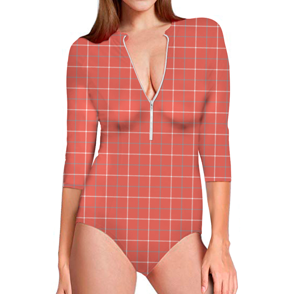 Pastel Red Tattersall Pattern Print Long Sleeve One Piece Swimsuit