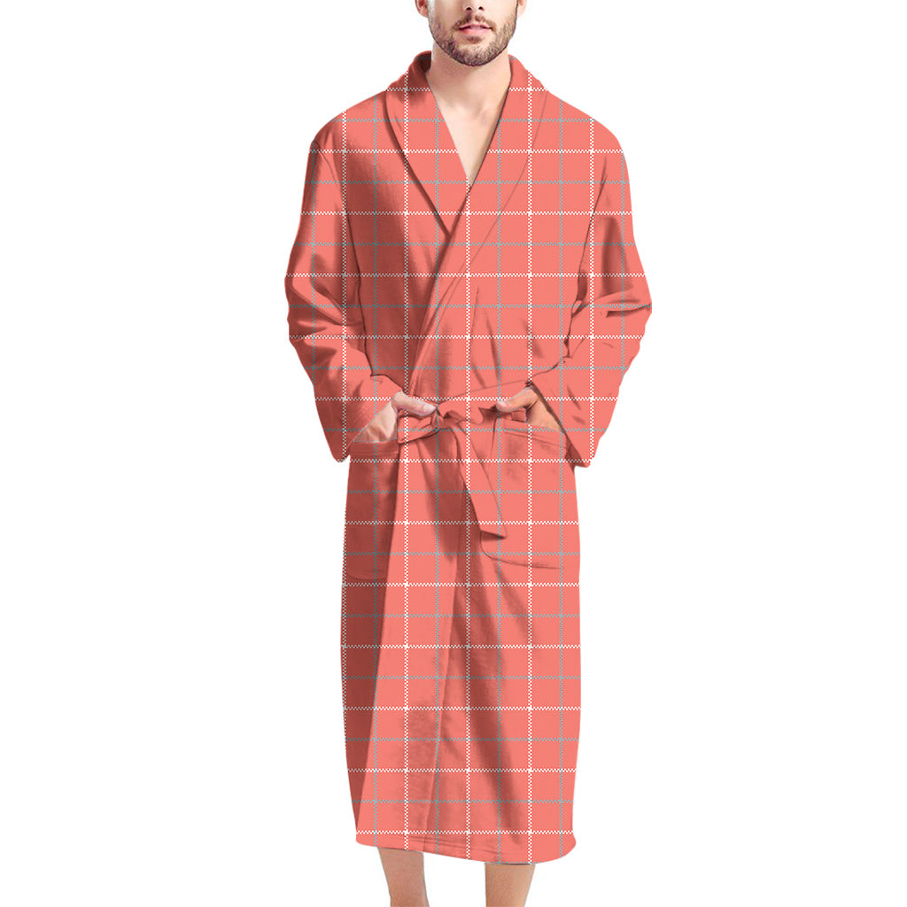 Pastel Red Tattersall Pattern Print Men's Bathrobe