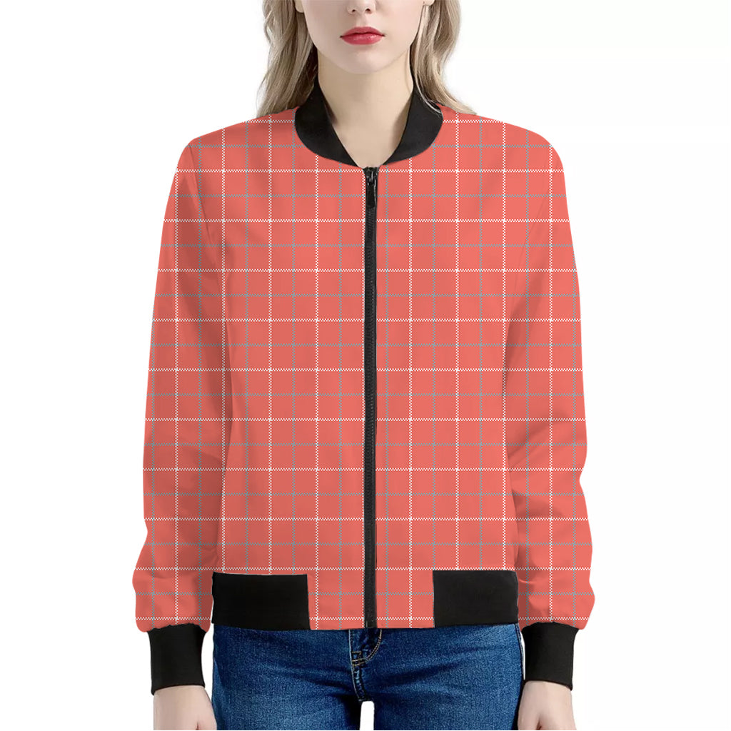 Pastel Red Tattersall Pattern Print Women's Bomber Jacket