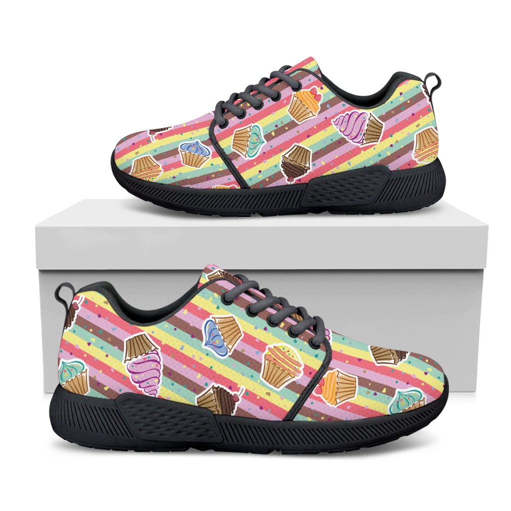 Pastel Striped Cupcake Pattern Print Black Athletic Shoes