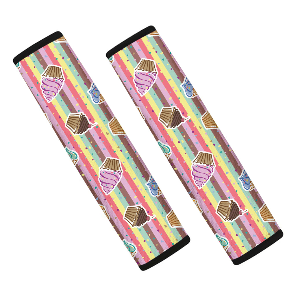 Pastel Striped Cupcake Pattern Print Car Seat Belt Covers