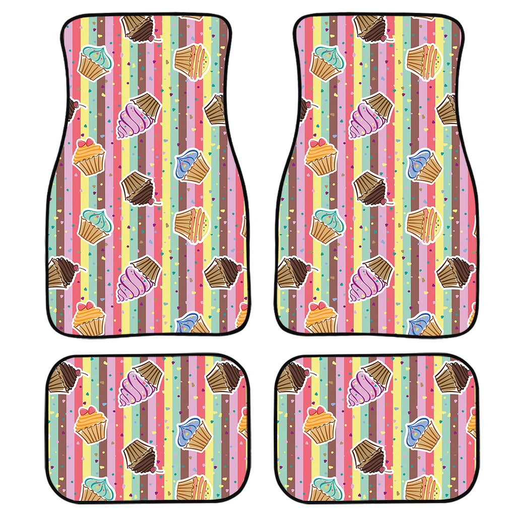 Pastel Striped Cupcake Pattern Print Front and Back Car Floor Mats