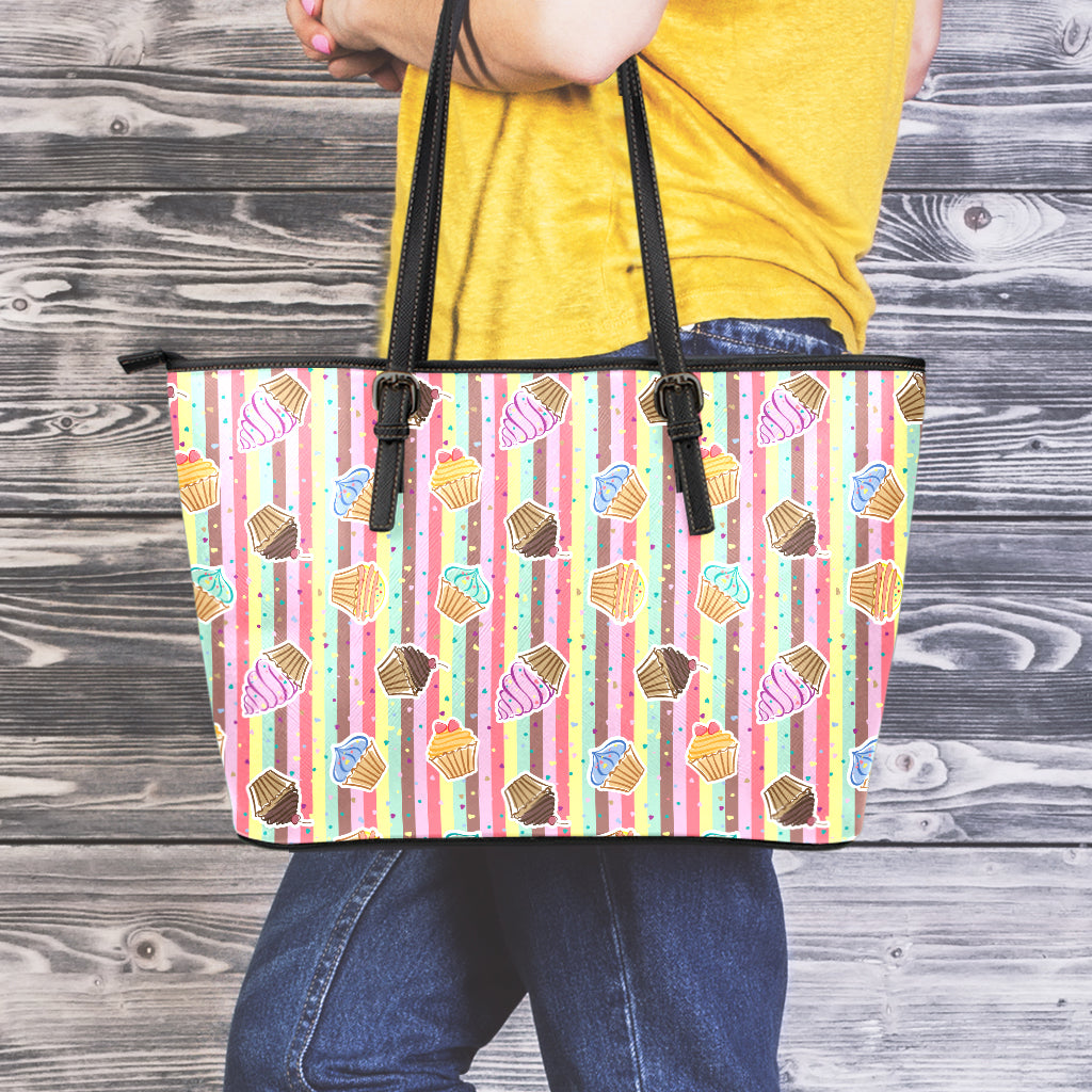 Pastel Striped Cupcake Pattern Print Leather Tote Bag