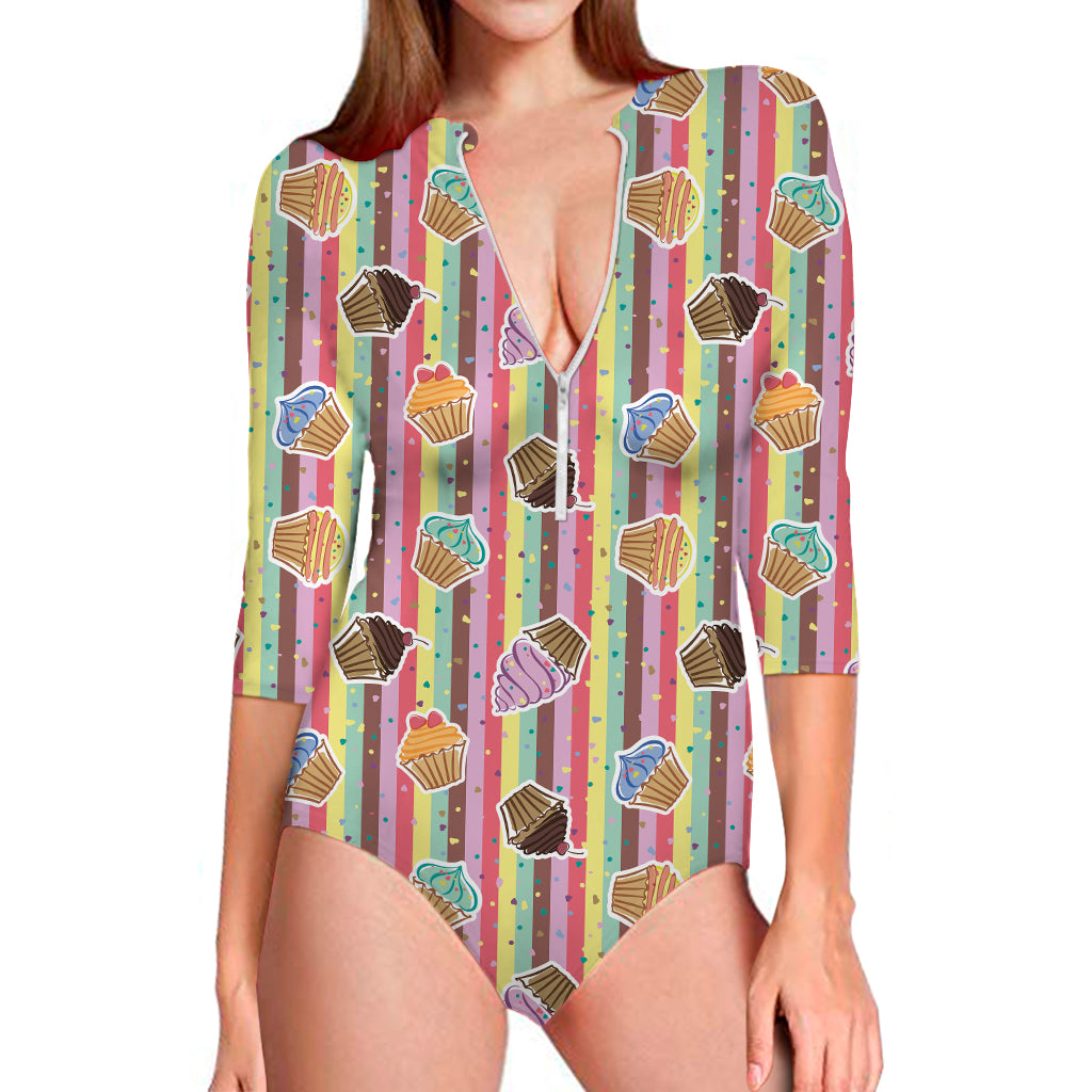 Pastel Striped Cupcake Pattern Print Long Sleeve One Piece Swimsuit