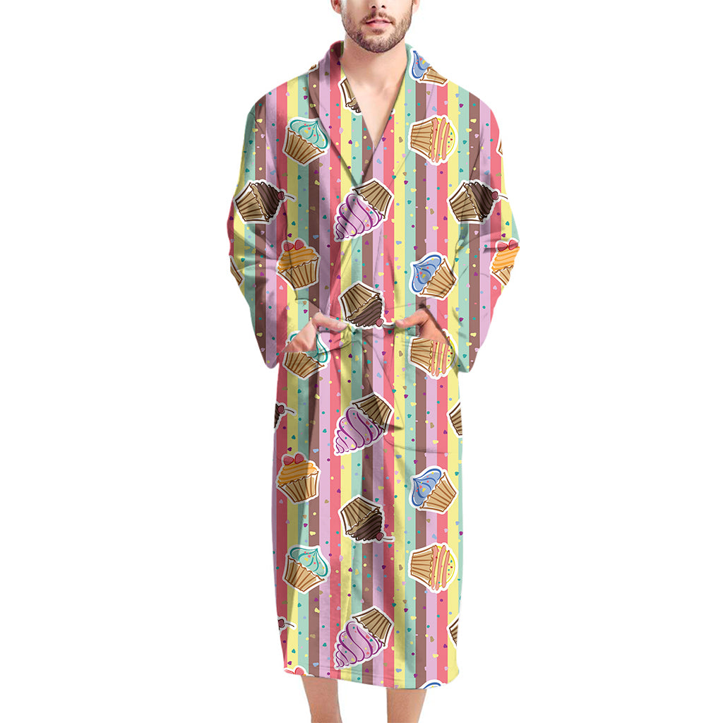 Pastel Striped Cupcake Pattern Print Men's Bathrobe