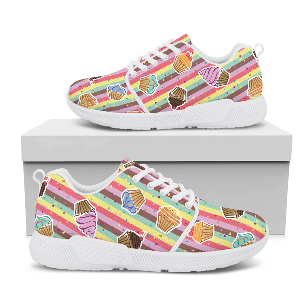 Pastel Striped Cupcake Pattern Print White Athletic Shoes