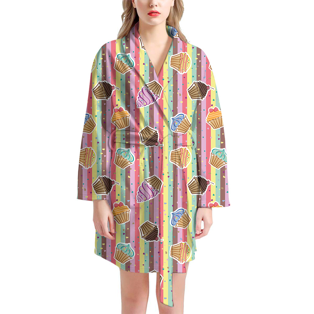 Pastel Striped Cupcake Pattern Print Women's Bathrobe