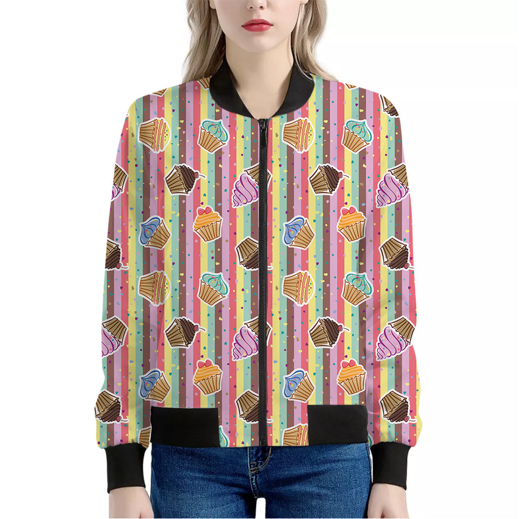 Pastel Striped Cupcake Pattern Print Women's Bomber Jacket