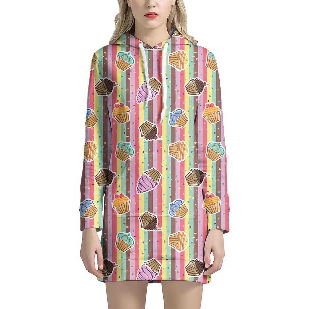 Pastel Striped Cupcake Pattern Print Women's Pullover Hoodie Dress