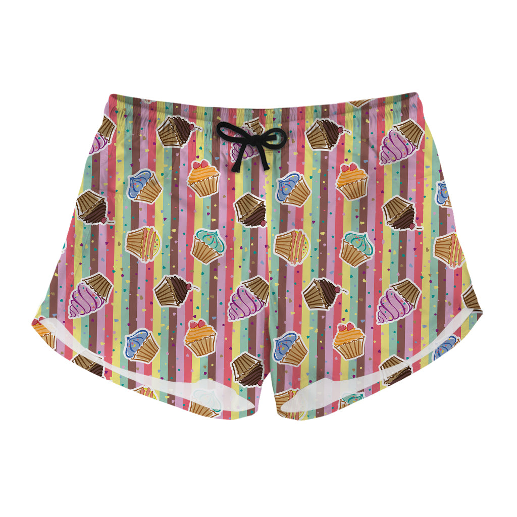 Pastel Striped Cupcake Pattern Print Women's Shorts