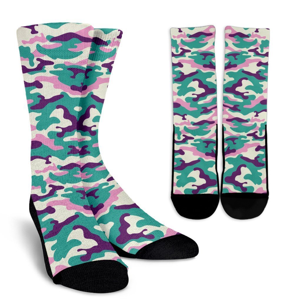 Pastel Teal And Purple Camouflage Print Crew Socks