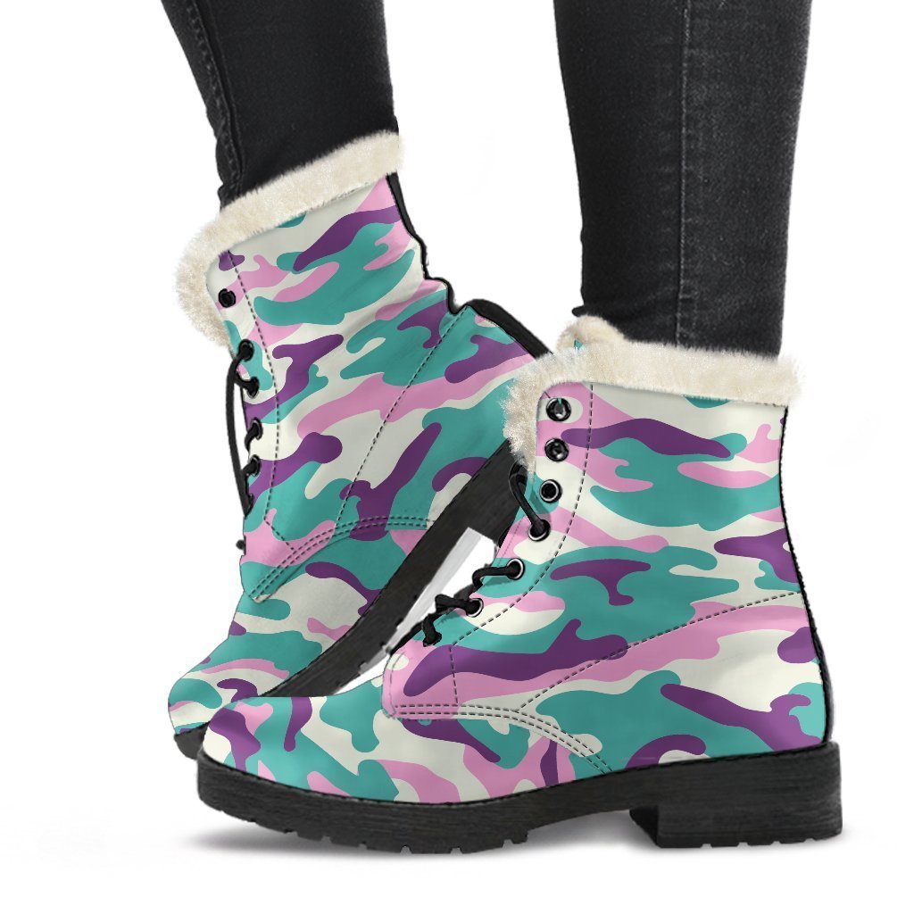 Pastel Teal And Purple Camouflage Print Faux Fur Leather Boots