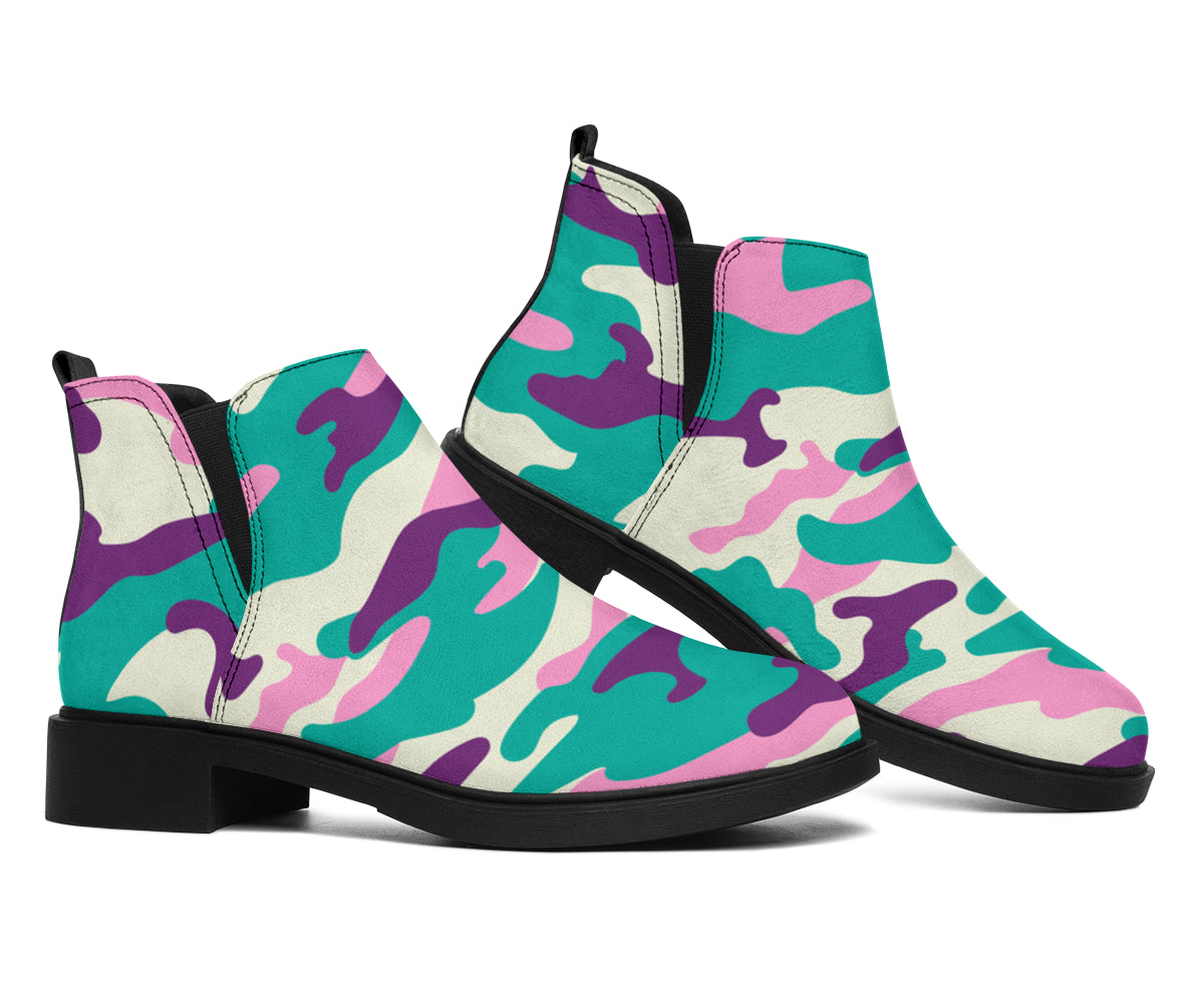 Pastel Teal And Purple Camouflage Print Flat Ankle Boots