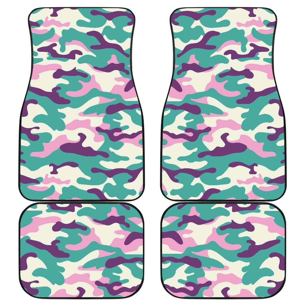 Pastel Teal And Purple Camouflage Print Front and Back Car Floor Mats