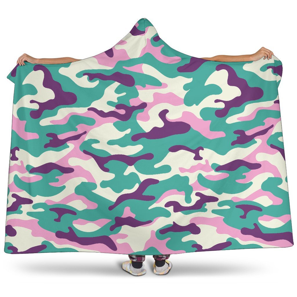 Pastel Teal And Purple Camouflage Print Hooded Blanket