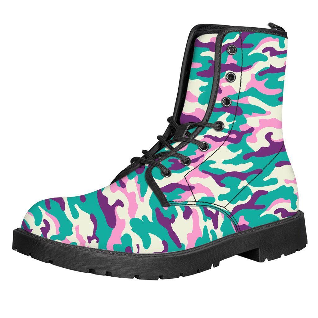 Pastel Teal And Purple Camouflage Print Leather Boots