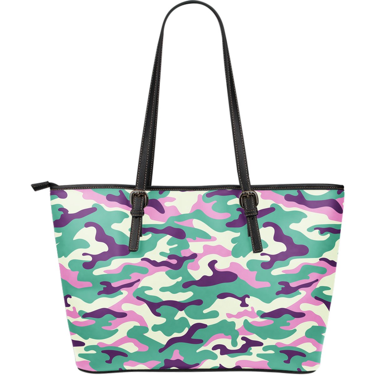 Pastel Teal And Purple Camouflage Print Leather Tote Bag