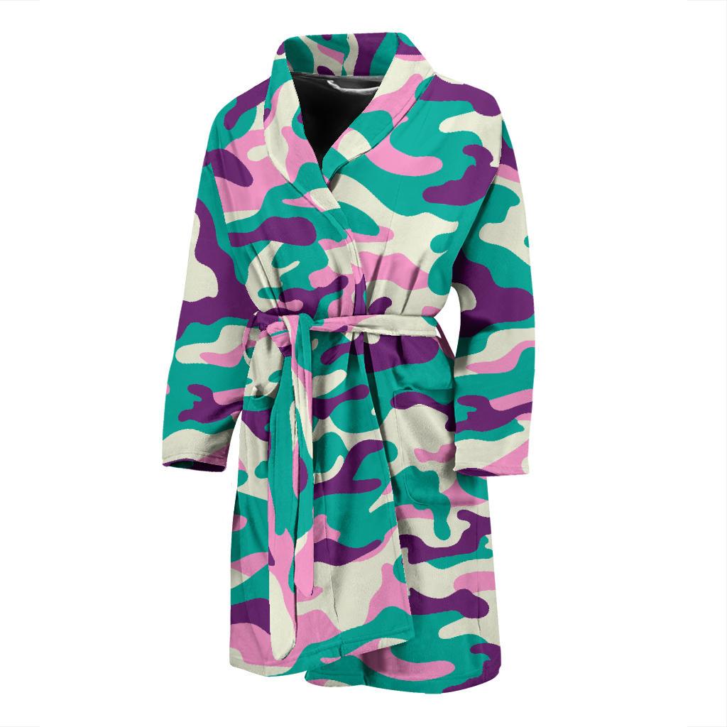 Pastel Teal And Purple Camouflage Print Men's Bathrobe