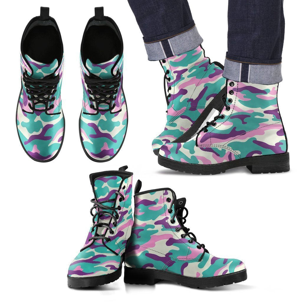 Pastel Teal And Purple Camouflage Print Men's Boots