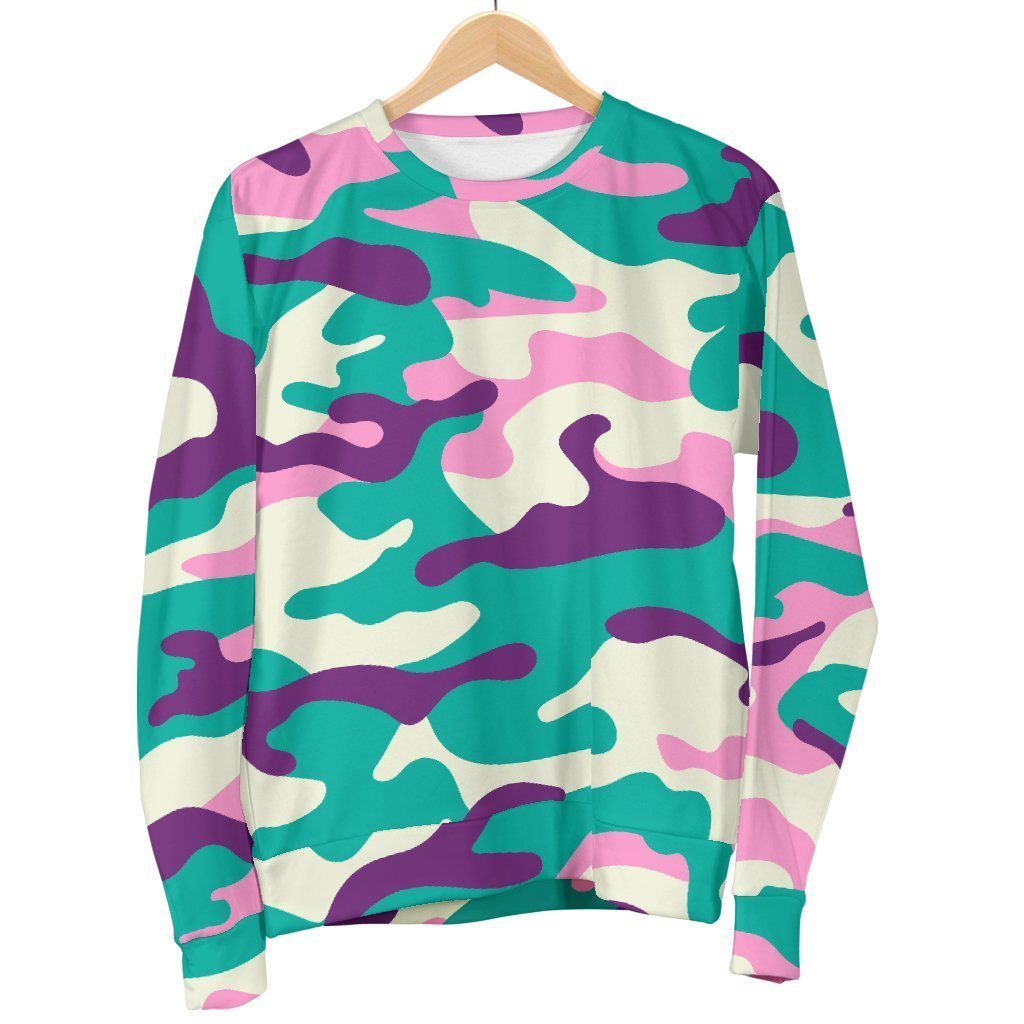 Pastel Teal And Purple Camouflage Print Men's Crewneck Sweatshirt