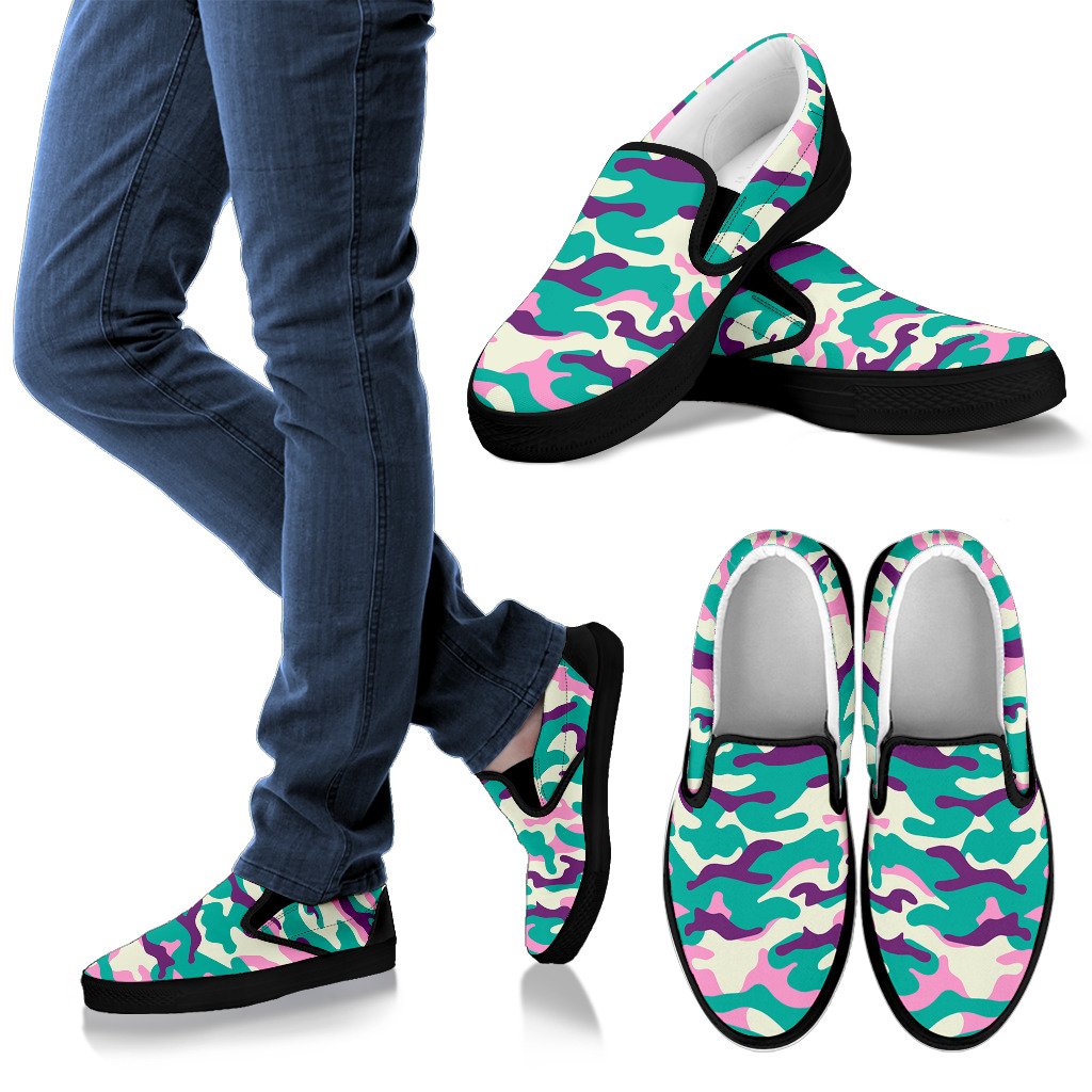 Pastel Teal And Purple Camouflage Print Men's Slip On Shoes