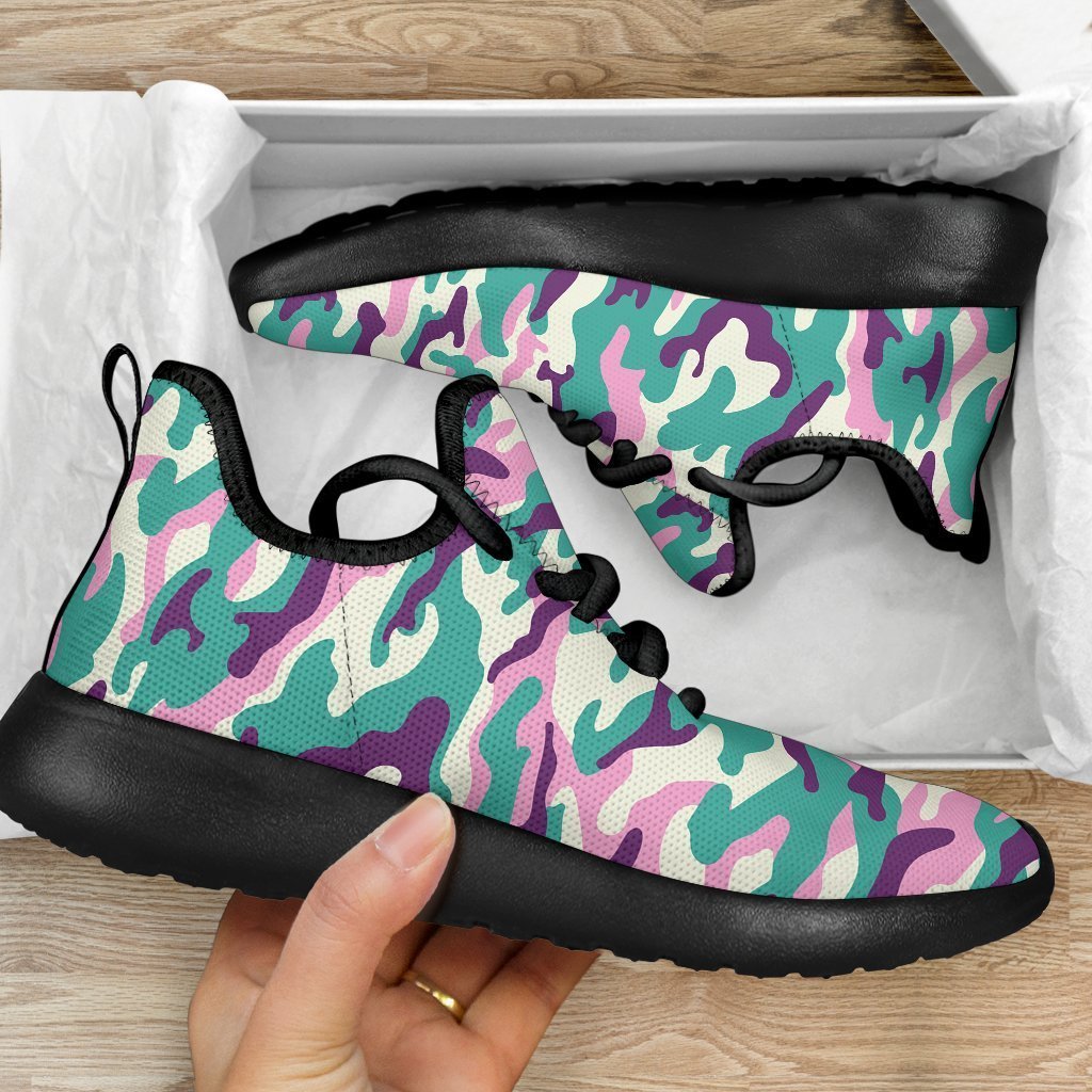 Pastel Teal And Purple Camouflage Print Mesh Knit Shoes