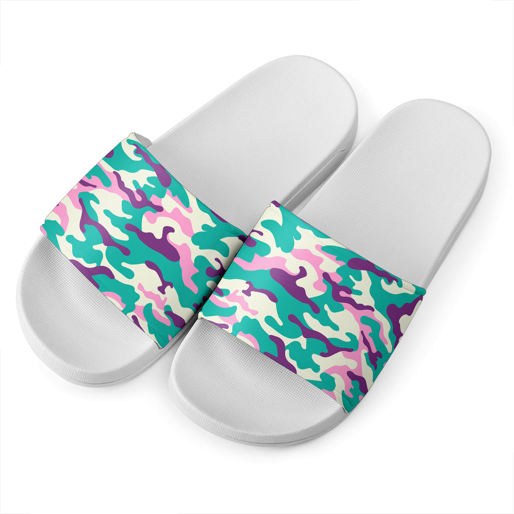 Pastel Teal And Purple Camouflage Print White Slide Sandals