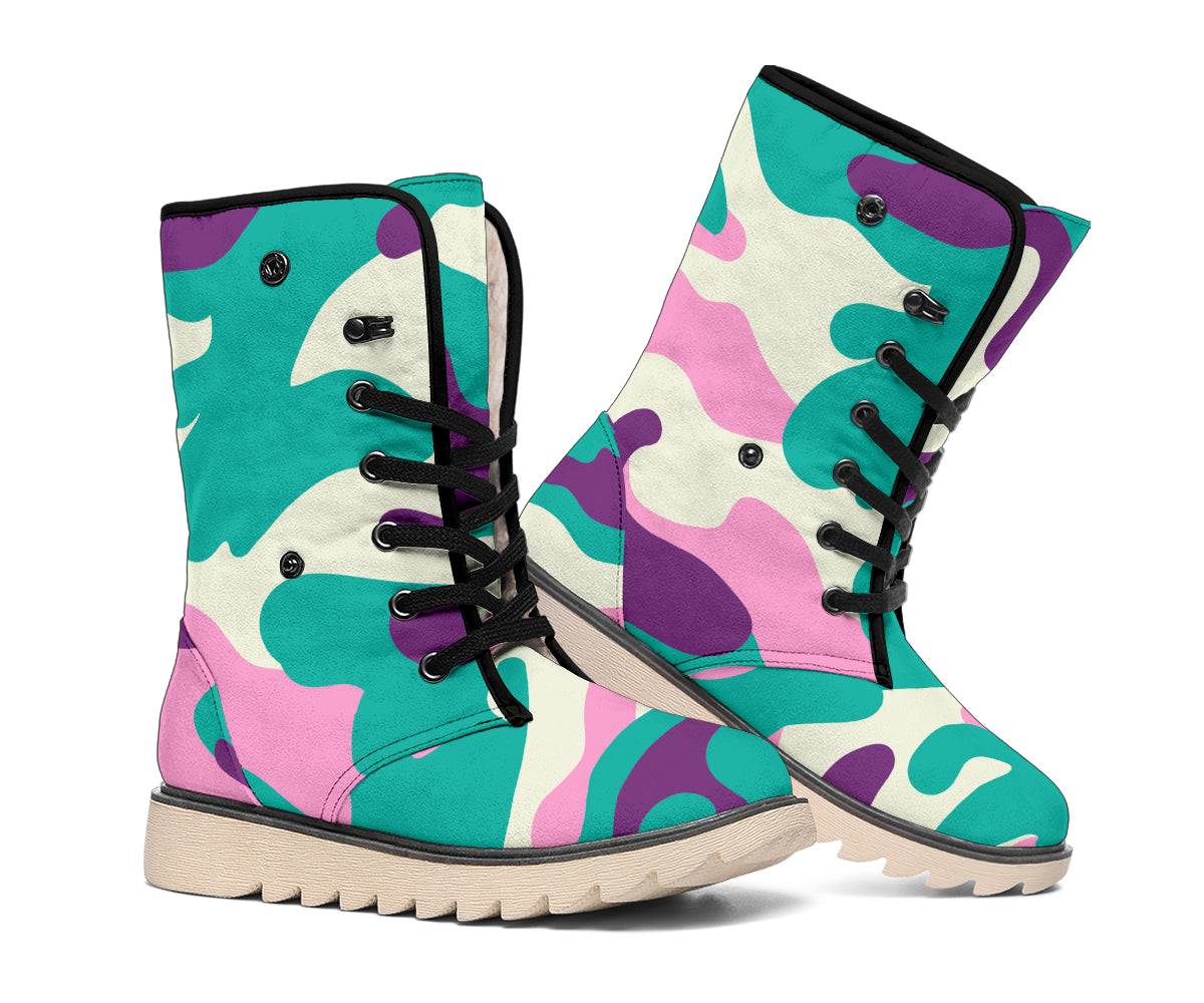 Pastel Teal And Purple Camouflage Print Winter Boots