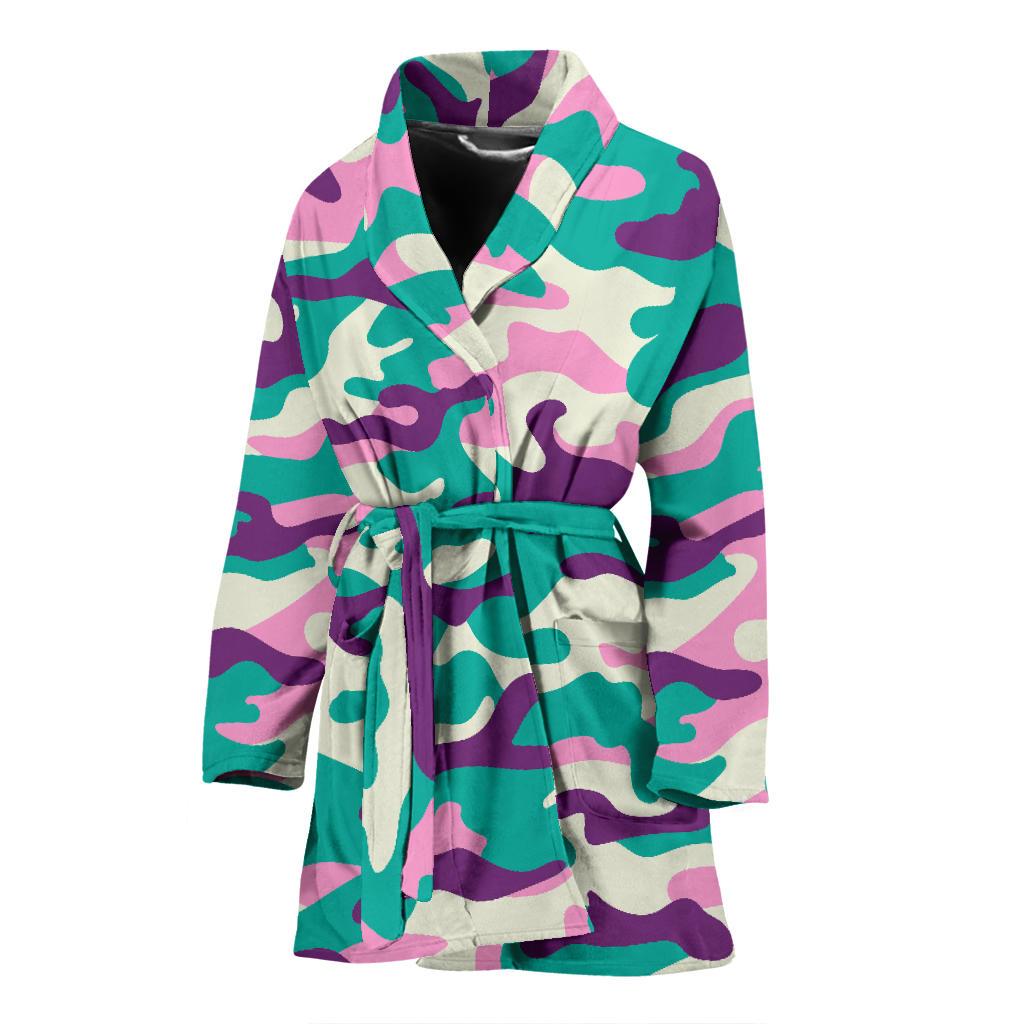 Pastel Teal And Purple Camouflage Print Women's Bathrobe