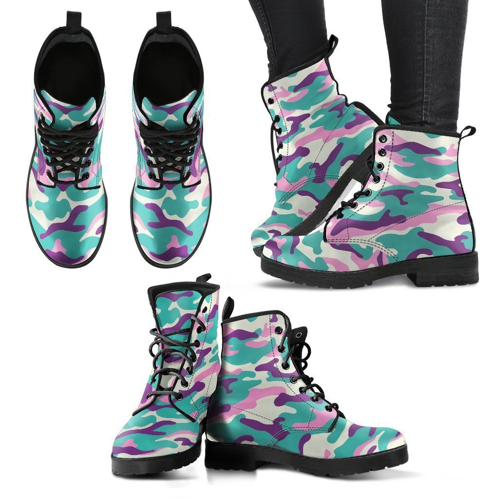 Pastel Teal And Purple Camouflage Print Women's Boots