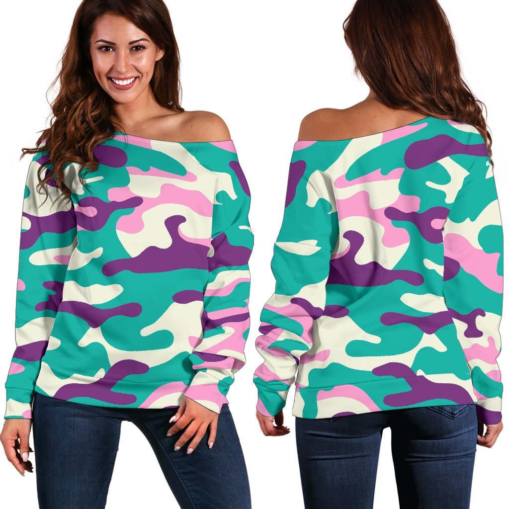 Pastel Teal And Purple Camouflage Print Women's Off-Shoulder Sweatshirt