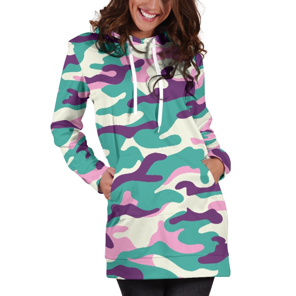 Pastel Teal And Purple Camouflage Print Women's Pullover Hoodie Dress