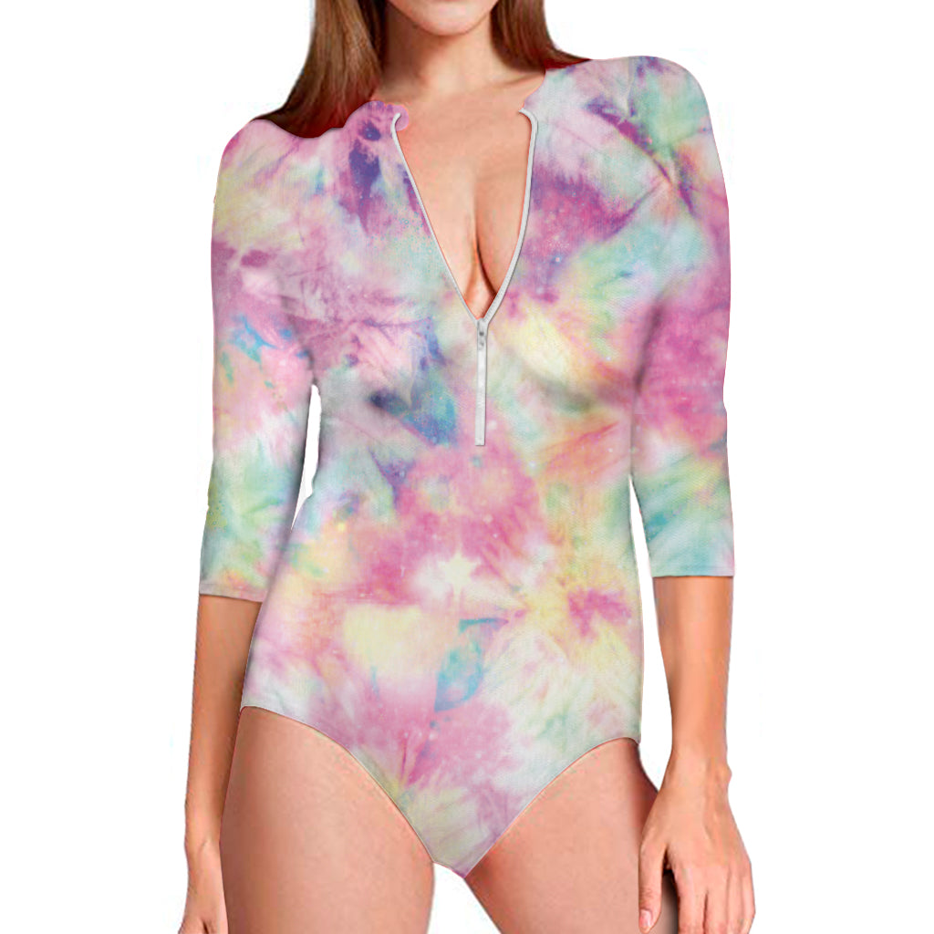 Pastel Tie Dye Print Long Sleeve One Piece Swimsuit