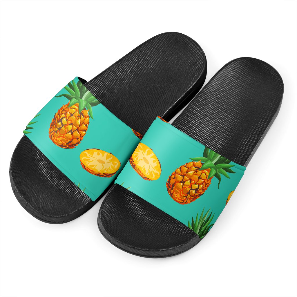 Pastel Turquoise Pineapple Pattern Print Black Slide Sandals