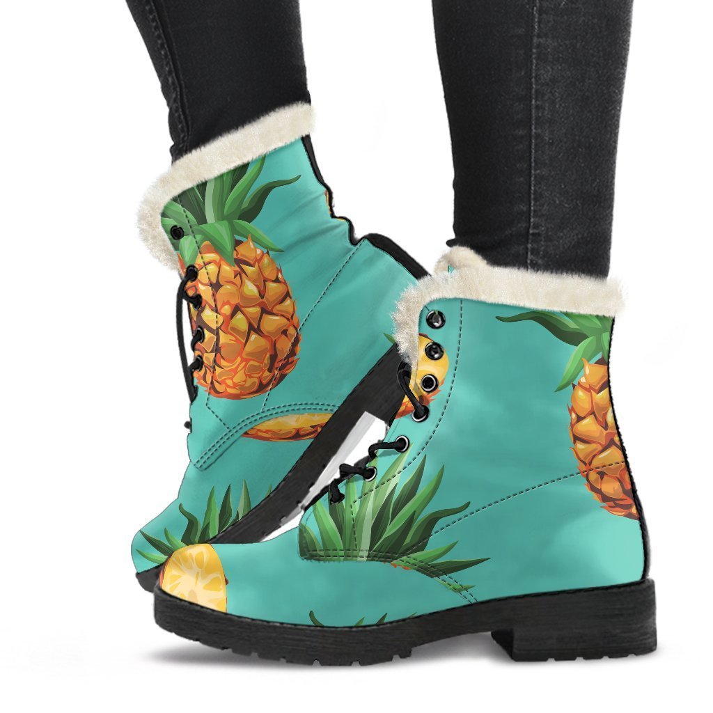 Pastel Turquoise Pineapple Pattern Print Faux Fur Leather Boots