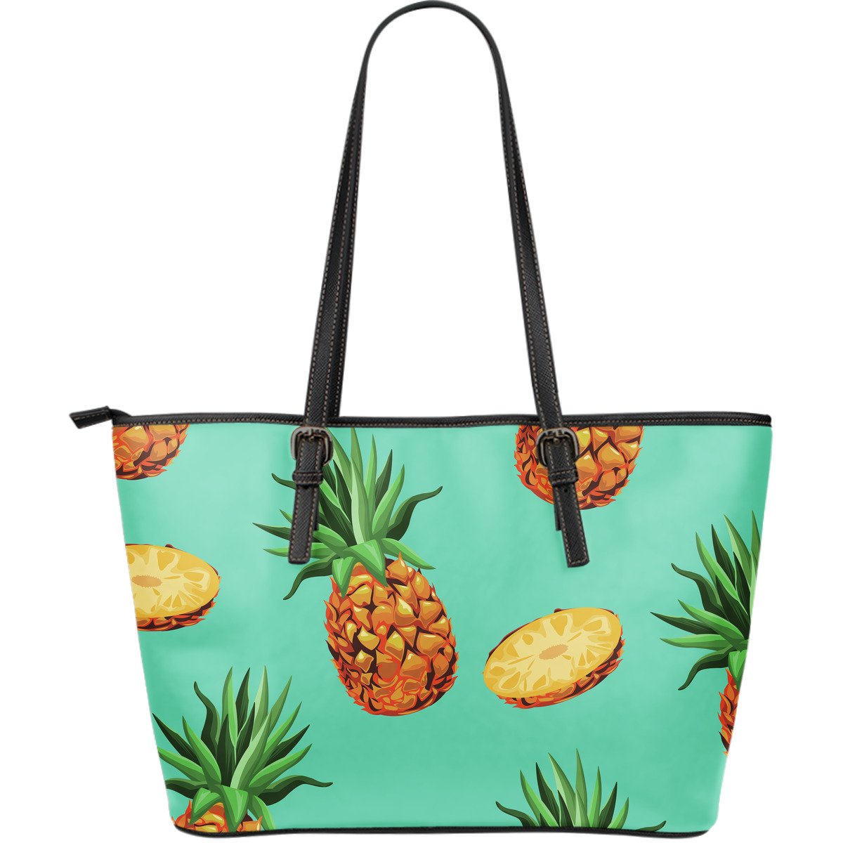 Pastel Turquoise Pineapple Pattern Print Leather Tote Bag