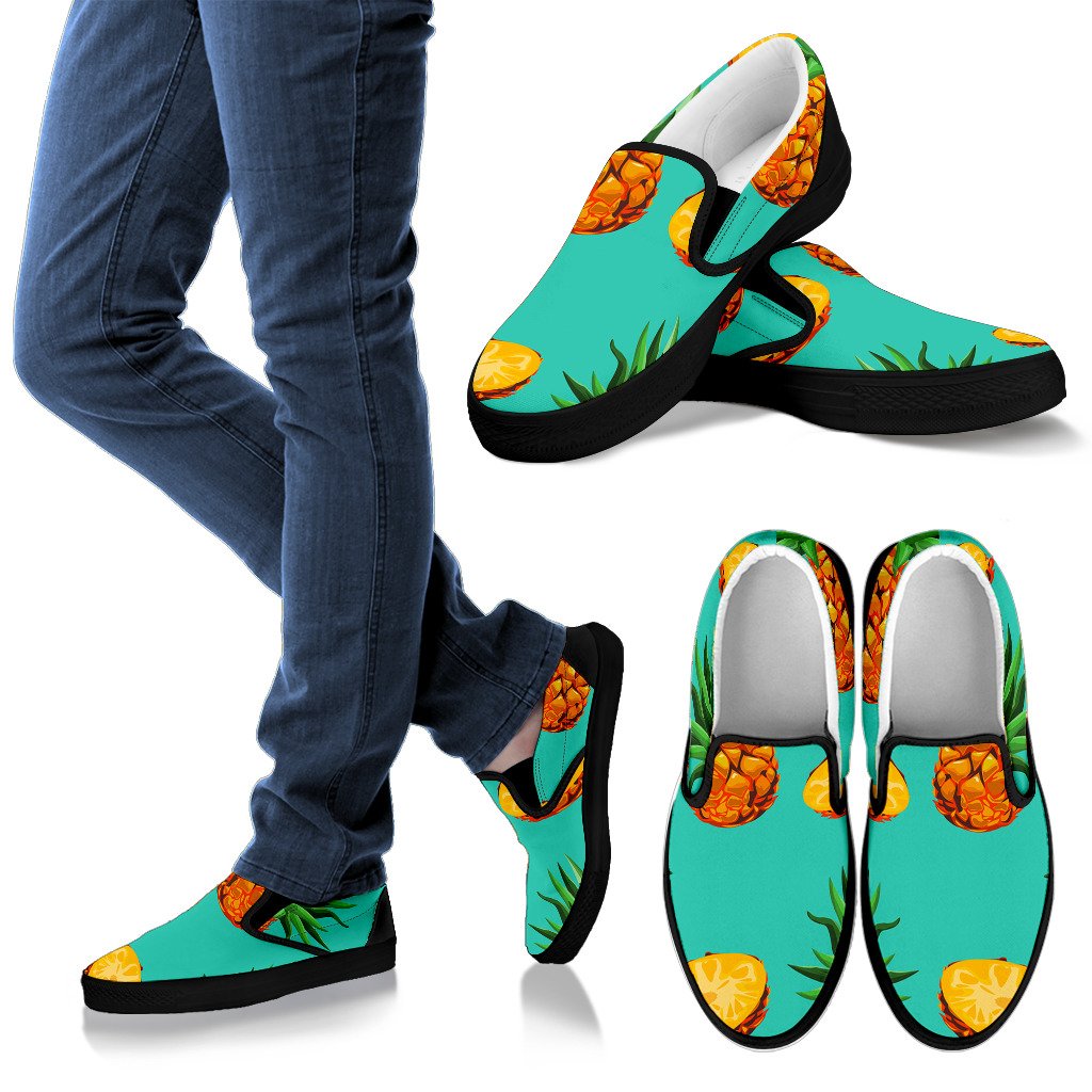 Pastel Turquoise Pineapple Pattern Print Men's Slip On Shoes