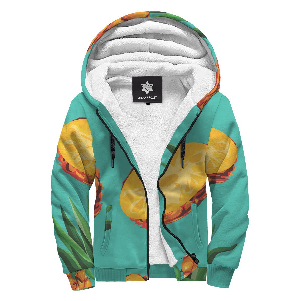 Pastel Turquoise Pineapple Pattern Print Sherpa Lined Fleece Hoodie