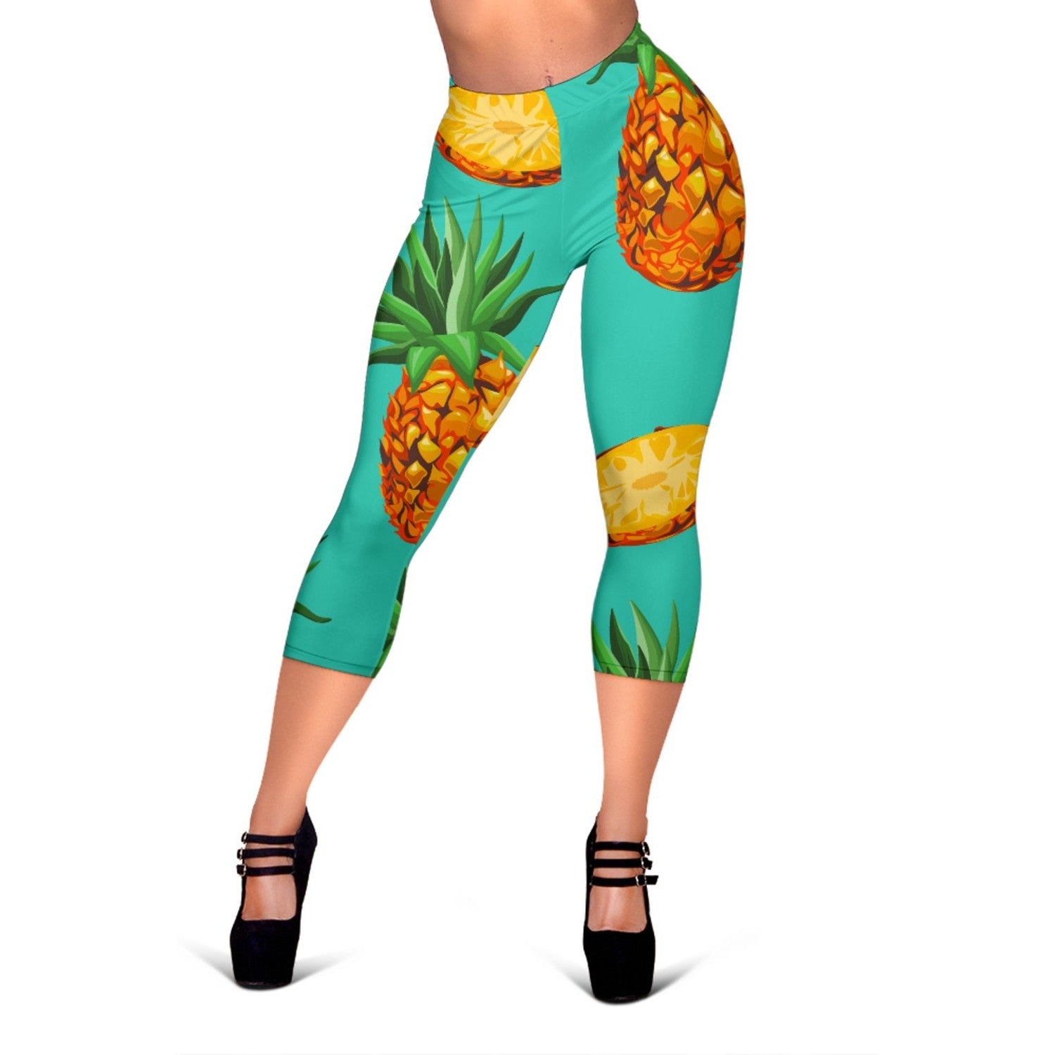 Pastel Turquoise Pineapple Pattern Print Women's Capri Leggings