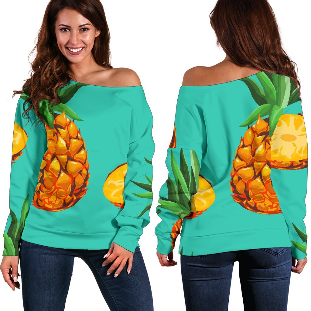 Pastel Turquoise Pineapple Pattern Print Women's Off-Shoulder Sweatshirt