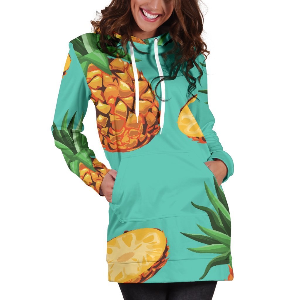 Pastel Turquoise Pineapple Pattern Print Women's Pullover Hoodie Dress