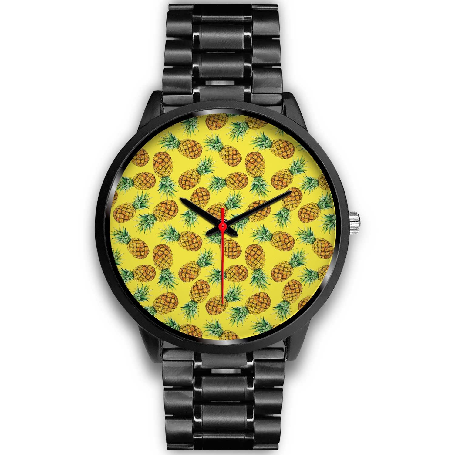 Pastel Yellow Pineapple Pattern Print Black Watch