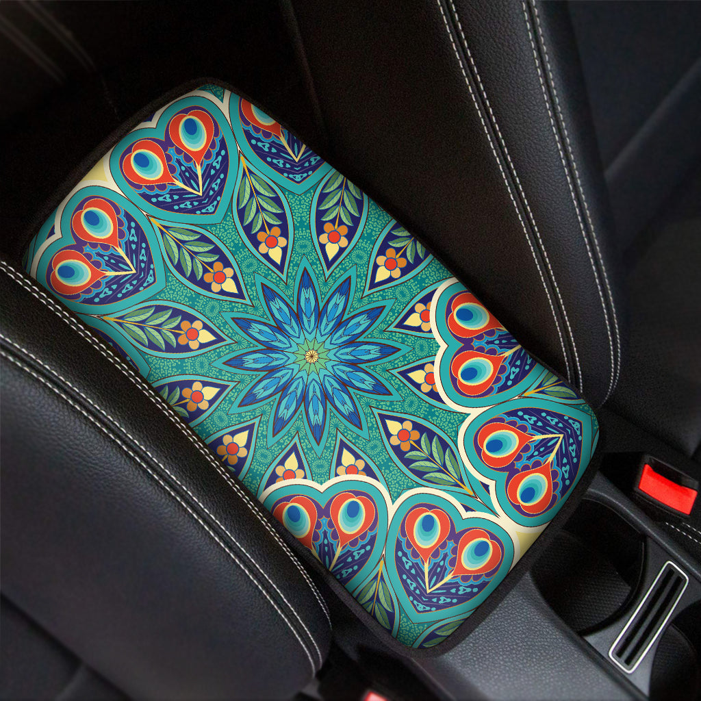 Peacock Feather Floral Pattern Print Car Center Console Cover