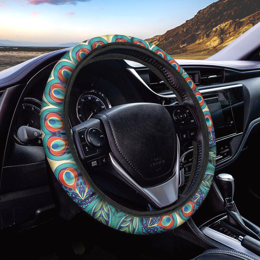 Peacock Feather Floral Pattern Print Car Steering Wheel Cover