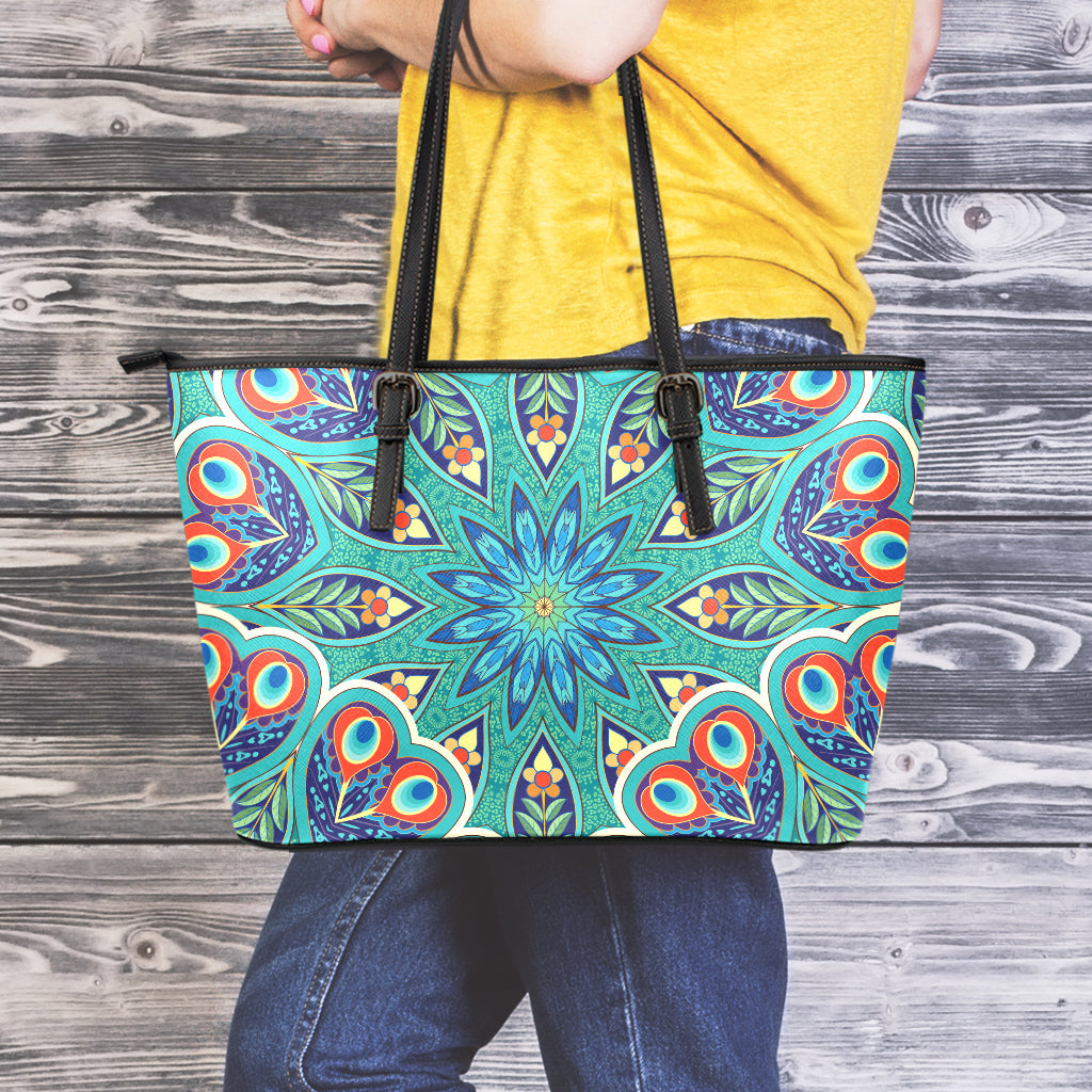 Peacock Feather Floral Pattern Print Leather Tote Bag