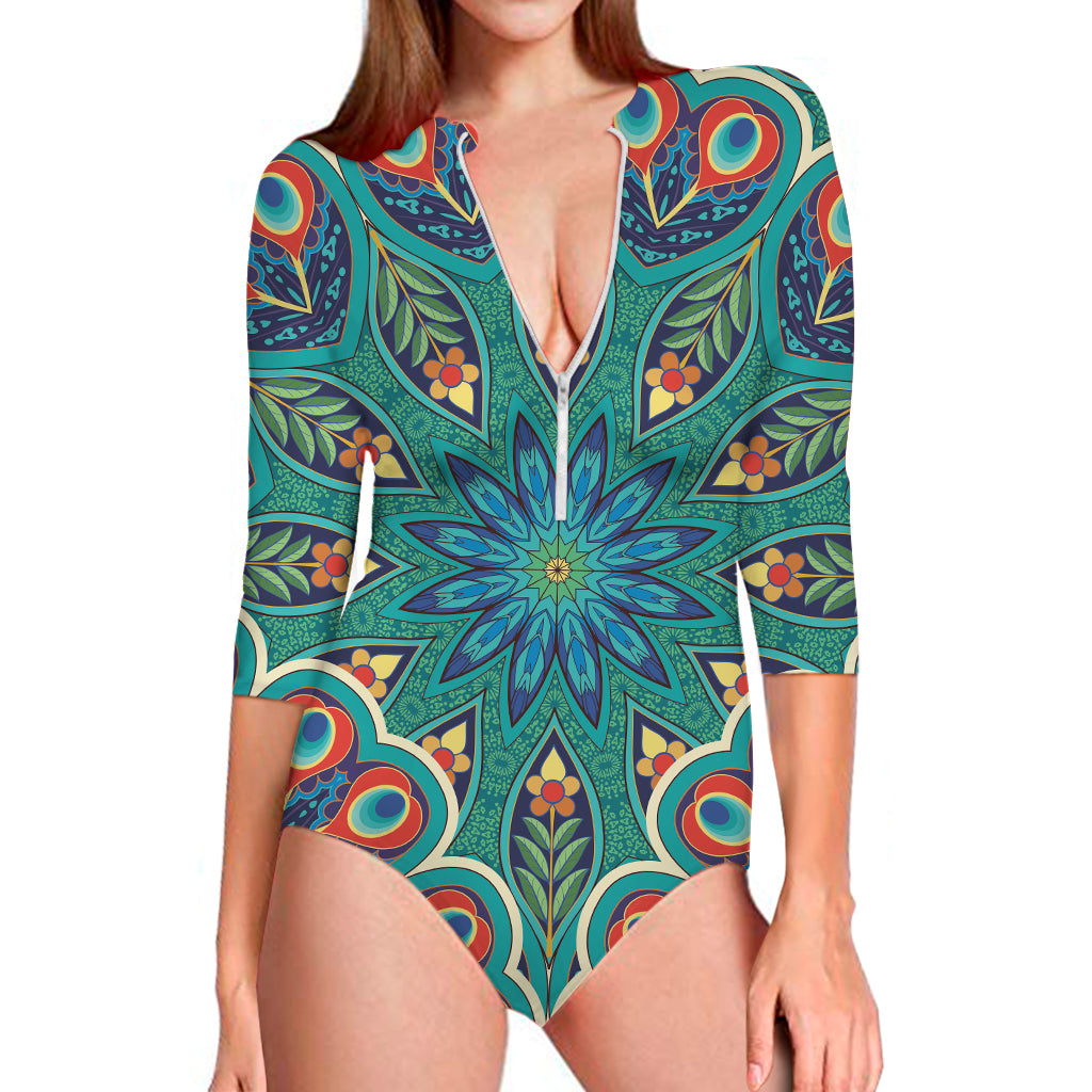 Peacock Feather Floral Pattern Print Long Sleeve One Piece Swimsuit