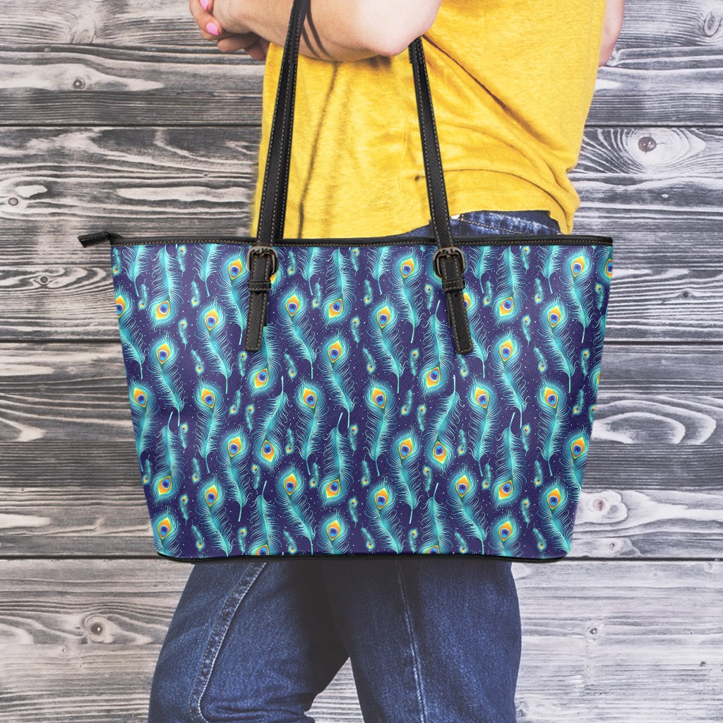 Peacock Feather Pattern Print Leather Tote Bag